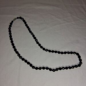 Vintage Black Faceted Hand Knotted Glass Beaded Necklace Whimsigoth Barrel